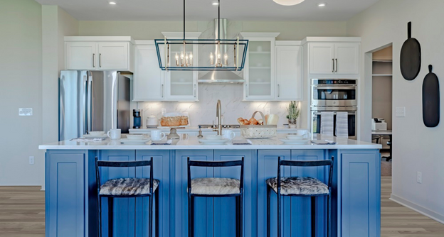 Fischer Homes Interior Kitchen Shot with blue cabinetry, stainless steel appliances and more