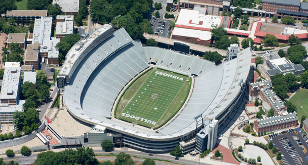 Drone shot of Sanford Stadium at UGA