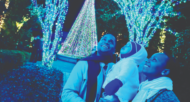 a family enjoying the lights at Atlanta Botanical Garden